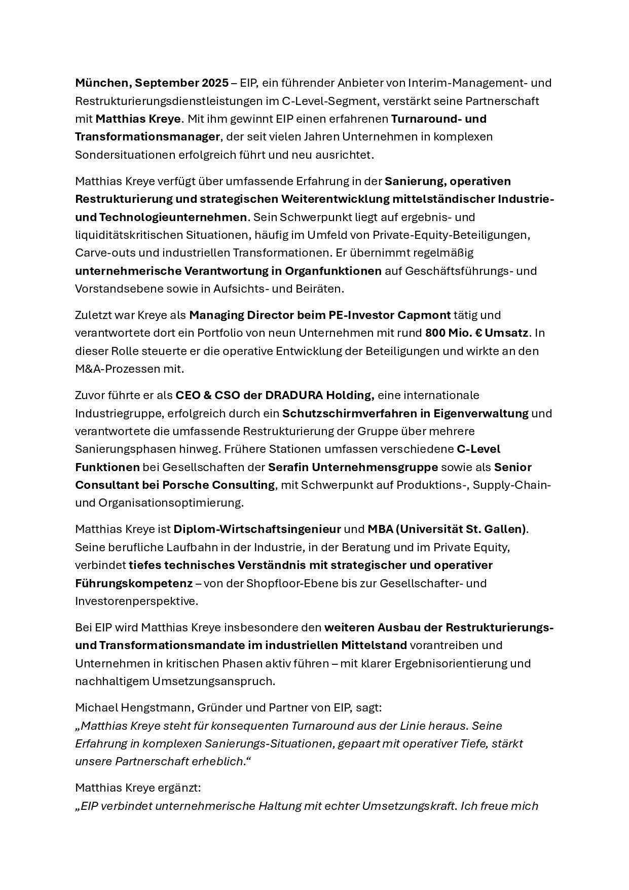 Matthias Kreye kommt als Partner