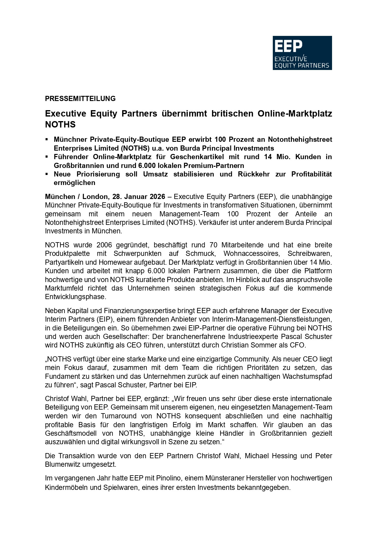 Executive Equity Partners übernimmt britischen Online-Marktplatz NOTHS